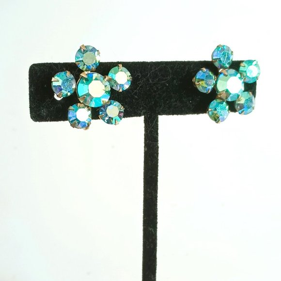 Vintage Aurora Borealis Floral Earrings. Mid Century Screw Backs - Picture 1 of 8